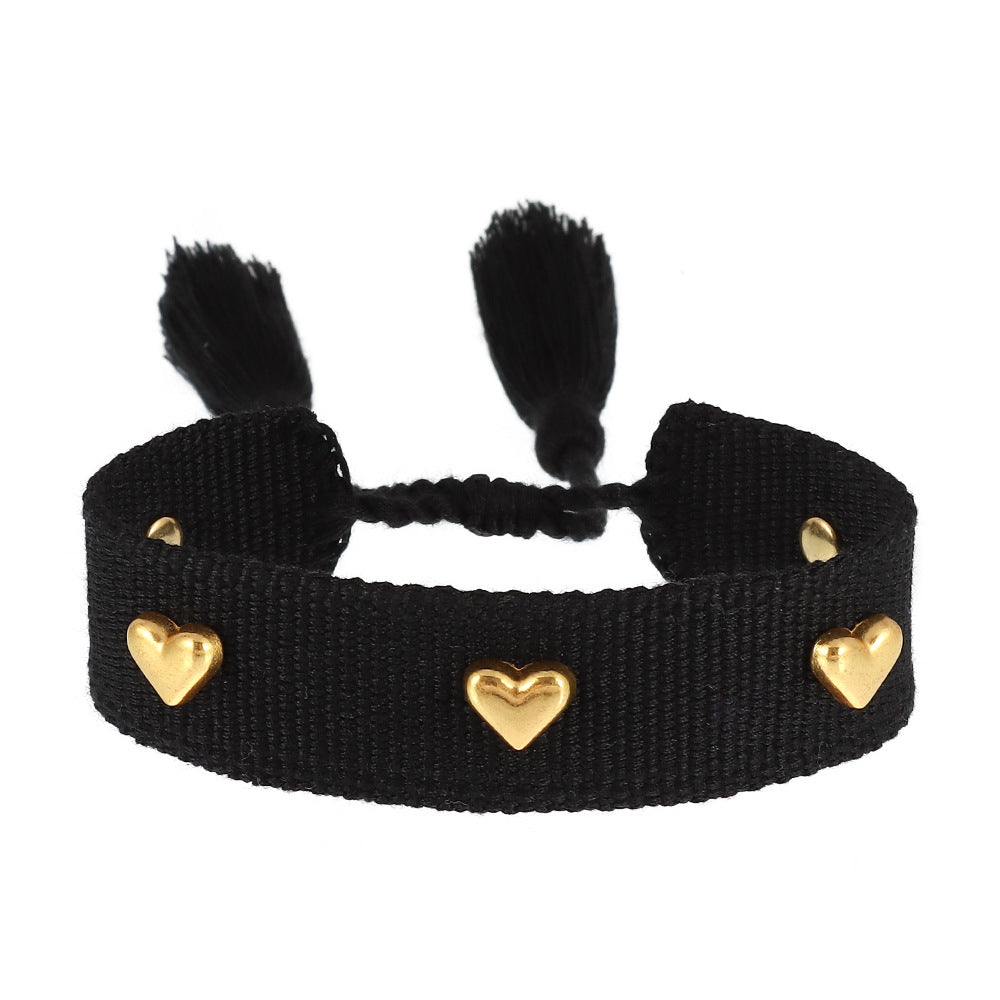 Black Adjustable Wrist Band Bracelet with Gold Heart Studs