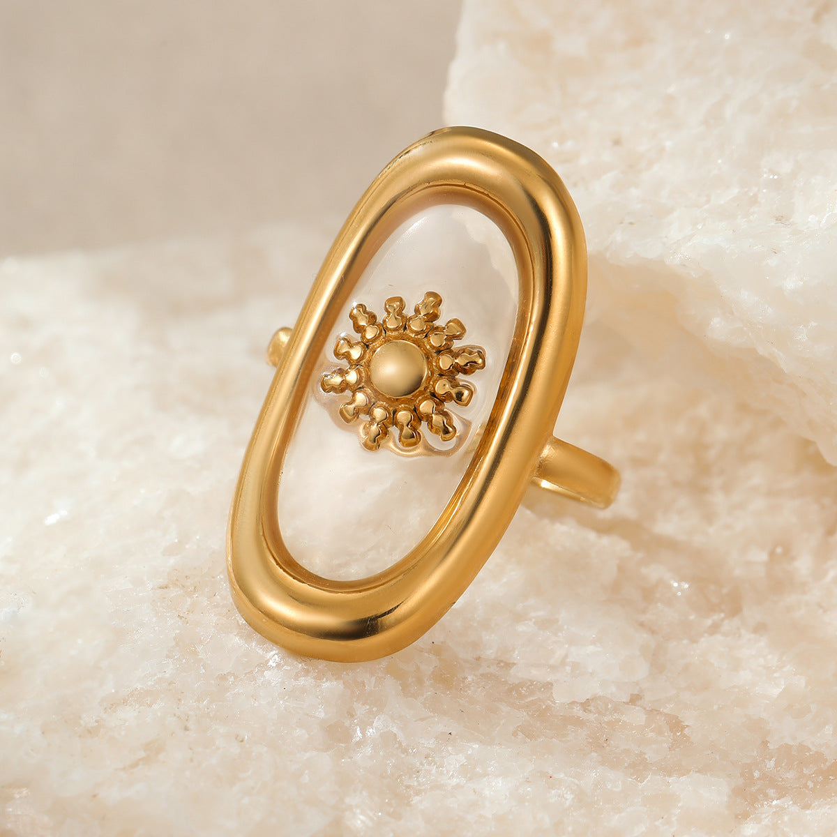 Gold-Plated Oval Statement Ring with Sunburst Motif