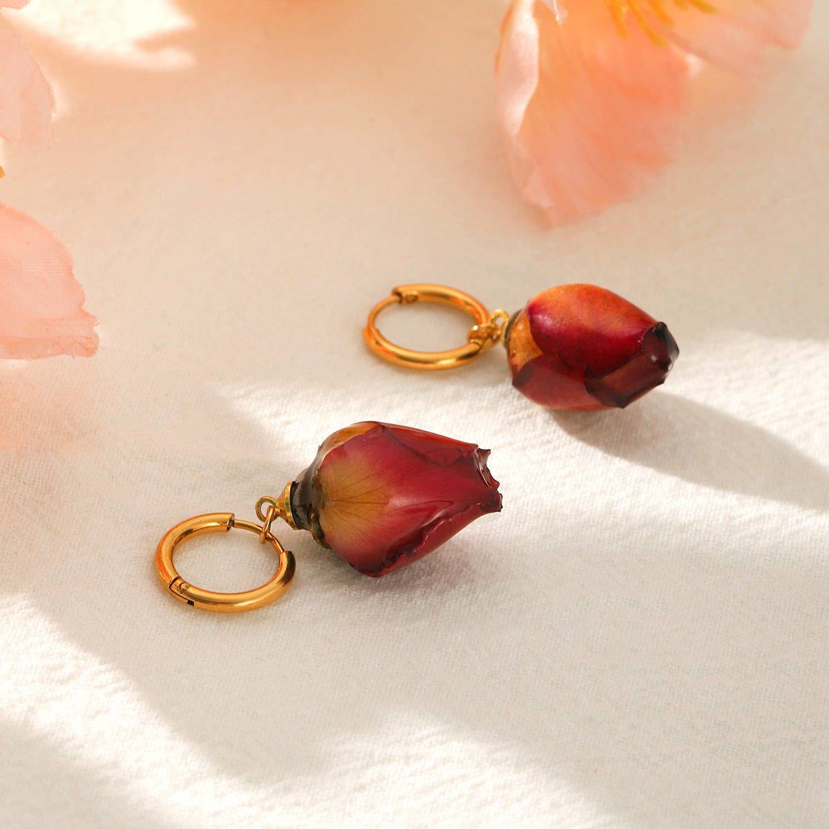 Gold-Plated Rosebud Drop Hoop Earrings