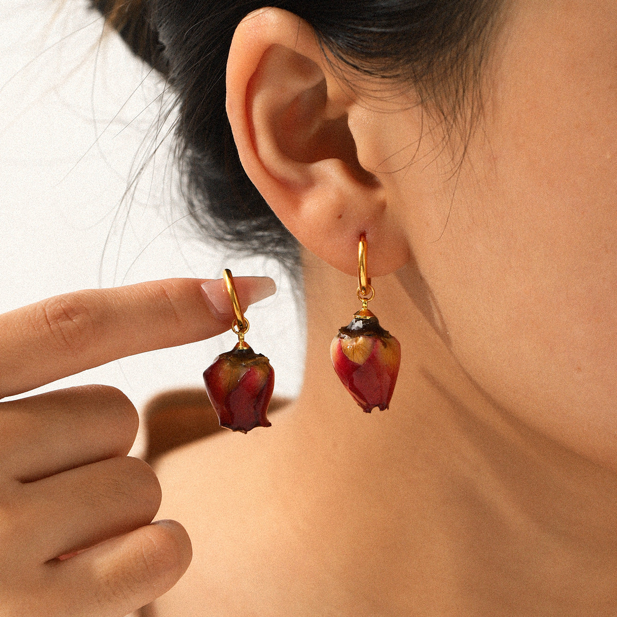 Gold-Plated Rosebud Drop Hoop Earrings