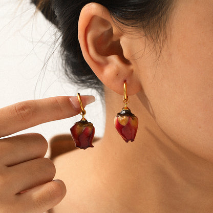 Gold-Plated Rosebud Drop Hoop Earrings