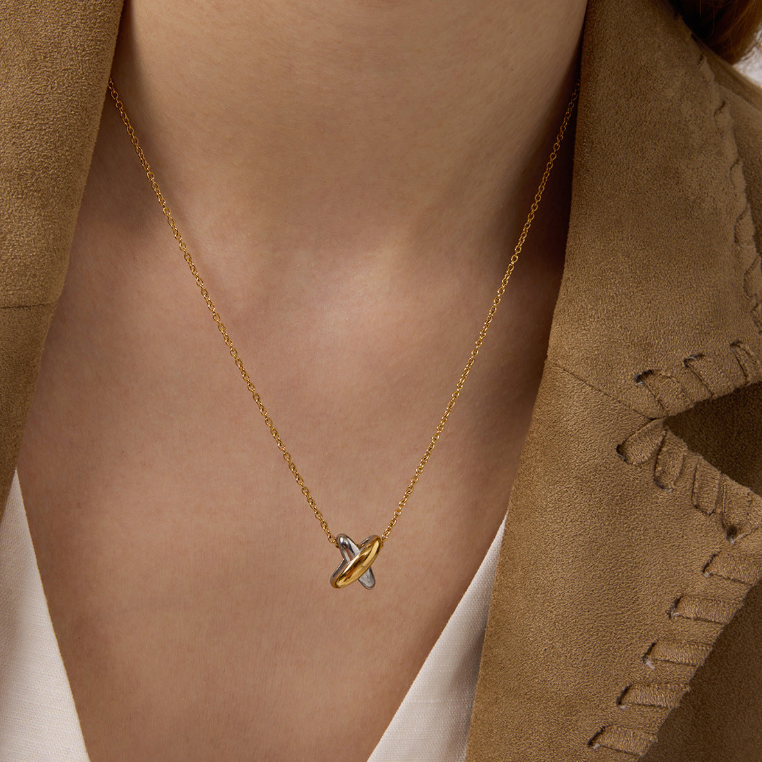 Gold-Plated Interlocking Ring Pendant Necklace
