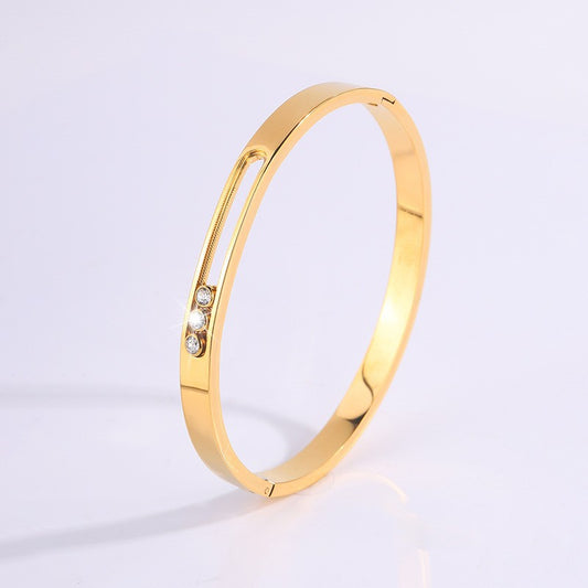 Gold-Plated Minimal Crystal Accent Bangle Bracelet (Sleek Lock Style)