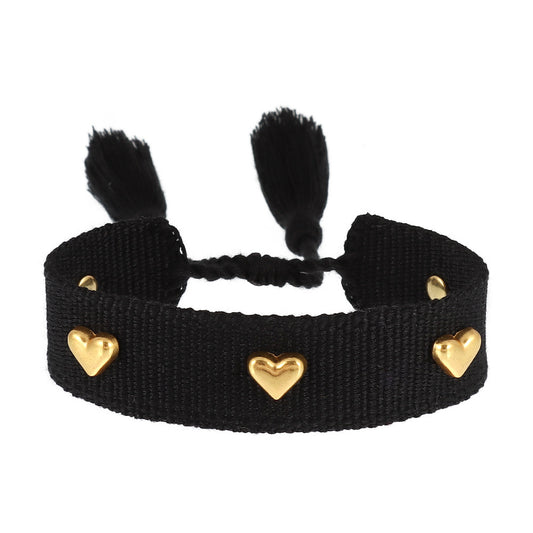 Black Adjustable Wrist Band Bracelet with Gold Heart Studs