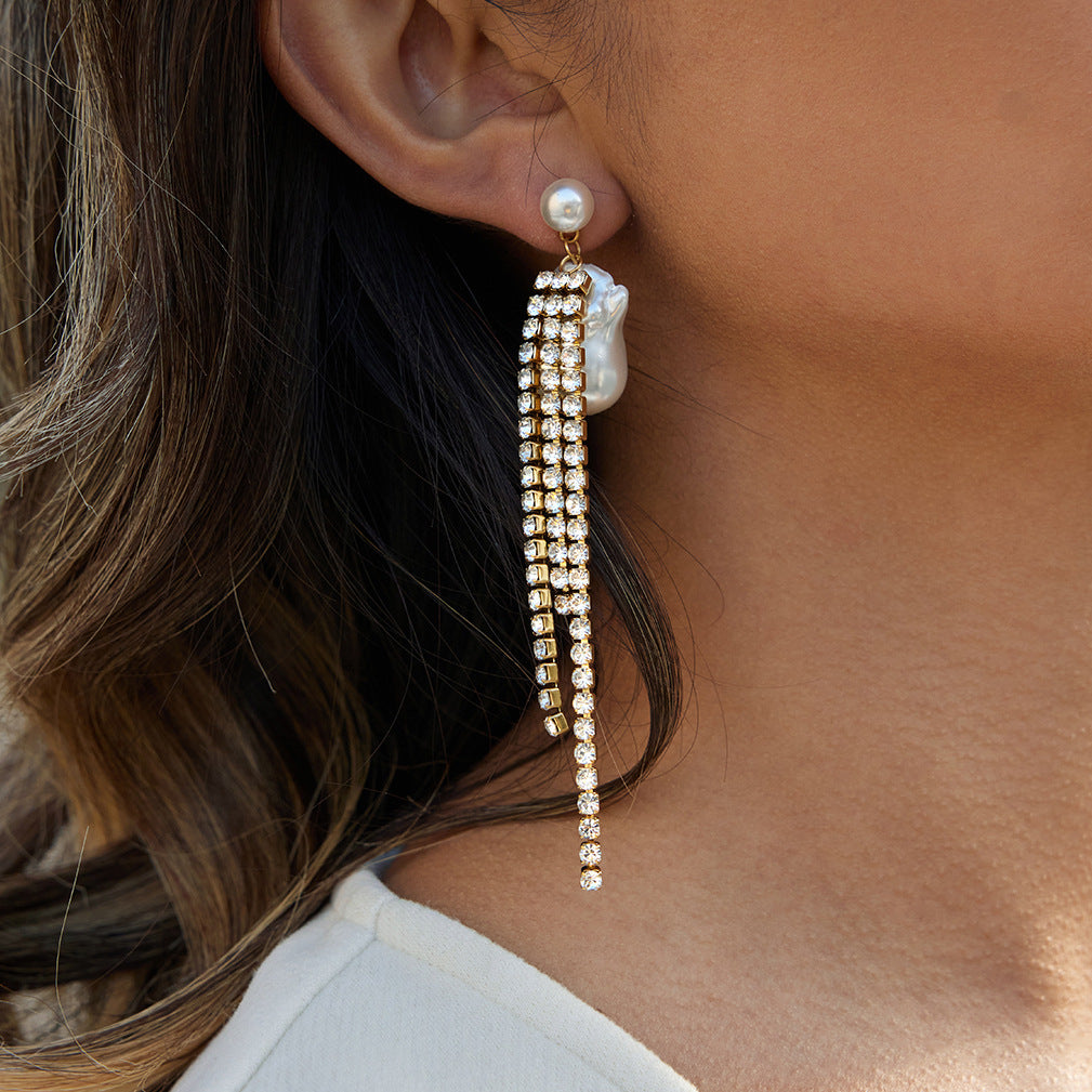 Pearl Rhinestone Tassel Earrings