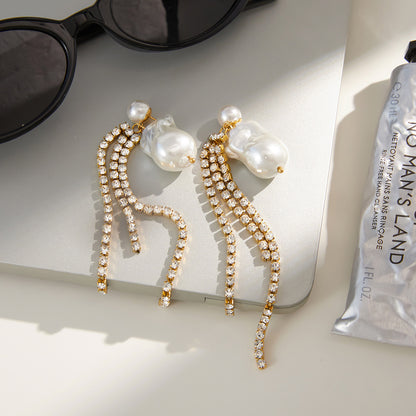 Pearl Rhinestone Tassel Earrings