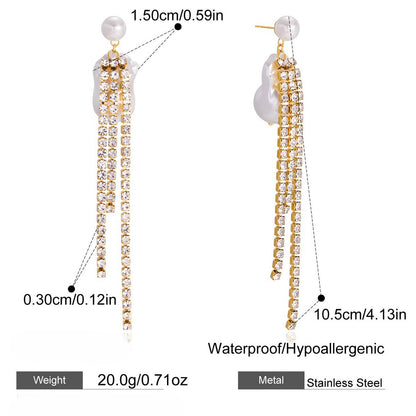 Pearl Rhinestone Tassel Earrings