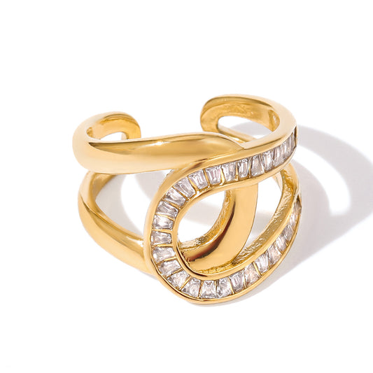 Luxury Gold Plated Loop Ring with Baguette Zircon Stones – Adjustable Statement Ring for Women