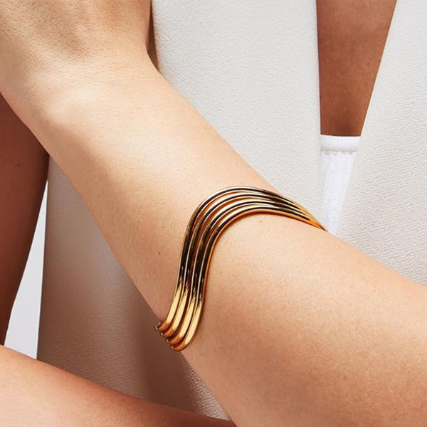 Multi-Layer Wave Gold-Plated Open Cuff Bracelet – Elegant Minimal Statement