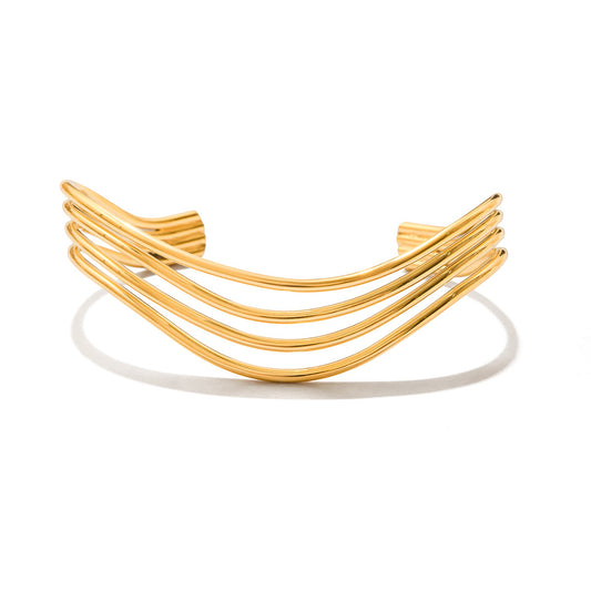 Multi-Layer Wave Gold-Plated Open Cuff Bracelet – Elegant Minimal Statement
