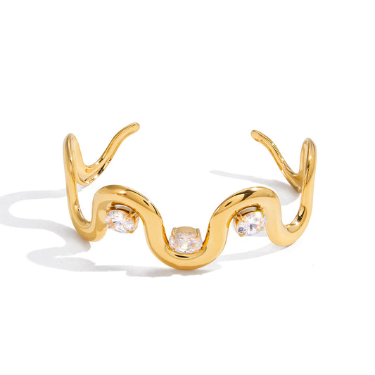 Gold-Plated Crystal Wave Open Cuff Bracelet (Modern Statement Design)