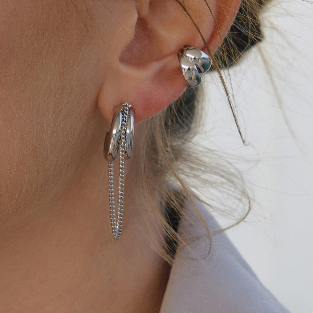 Silver Chain Tassel Hoop Earrings