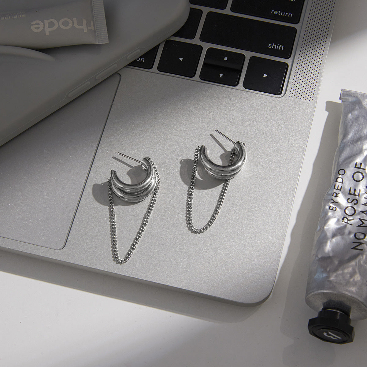 Silver Chain Tassel Hoop Earrings