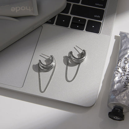 Silver Chain Tassel Hoop Earrings