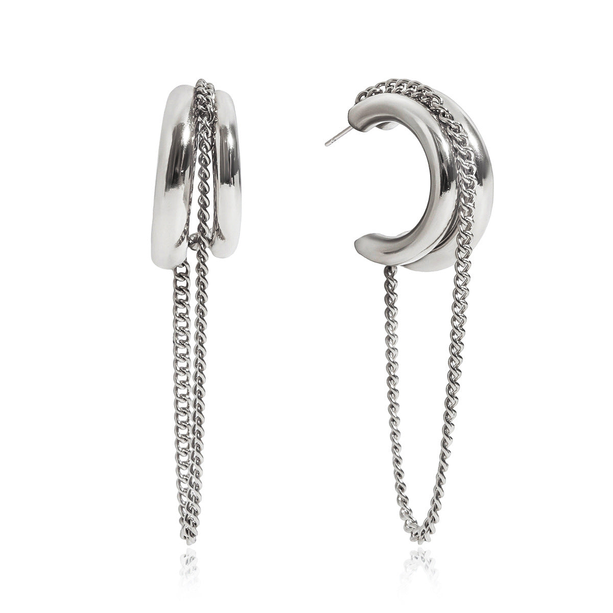 Silver Chain Tassel Hoop Earrings