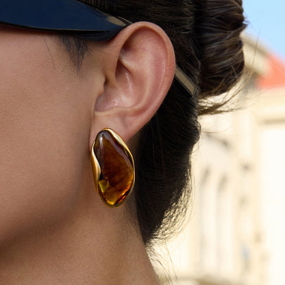 Amber-Tone Stone Stud Earrings