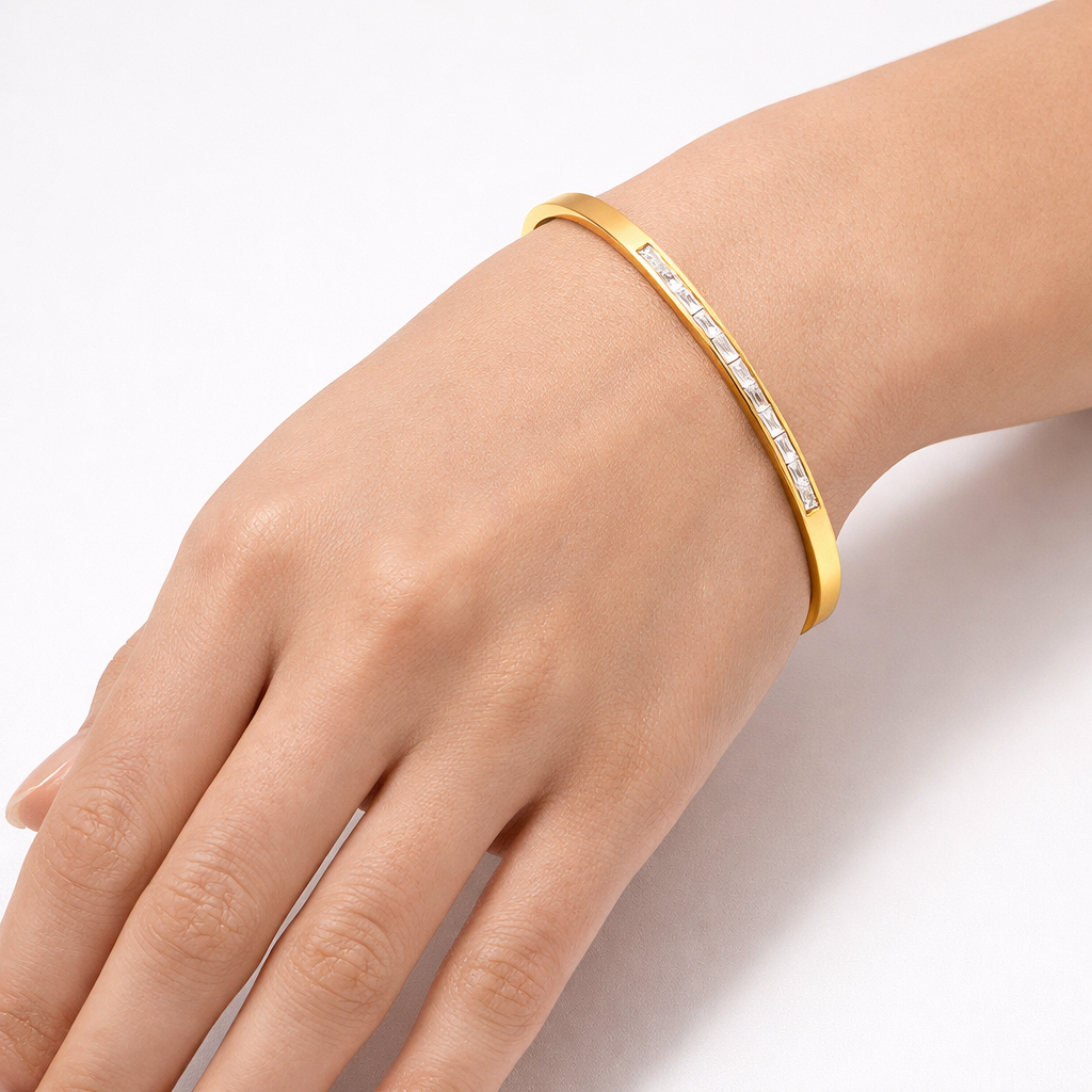 Gold Plated Baguette Stone Slim Bangle Bracelet