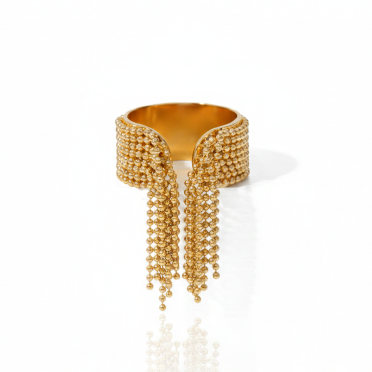Gold-Plated Beaded Tassel Statement Ring – Adjustable Fringe Design