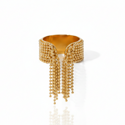 Gold-Plated Beaded Tassel Statement Ring – Adjustable Fringe Design