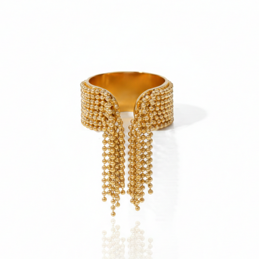 Gold-Plated Beaded Tassel Statement Ring – Adjustable Fringe Design