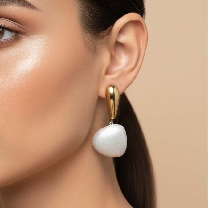 Gold Plated Drop Earrings – Elegant Matte White Stone style metal