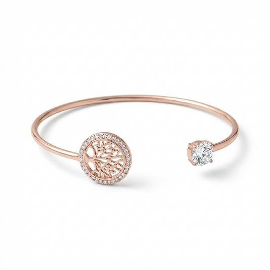 Rose Gold Plated Tree of Life Open Cuff Bracelet – Crystal White Stone