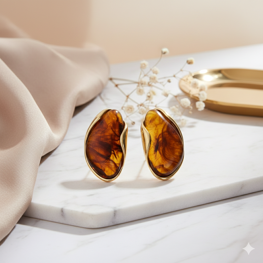 Amber-Tone Stone Stud Earrings